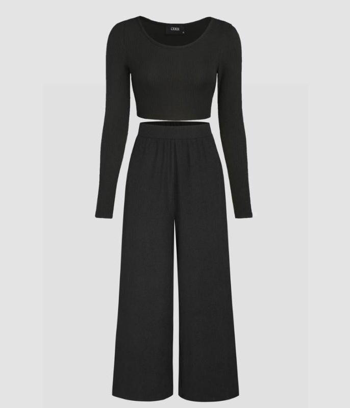Solid Knitted Crop Top & Wide Leg Trousers Set 4