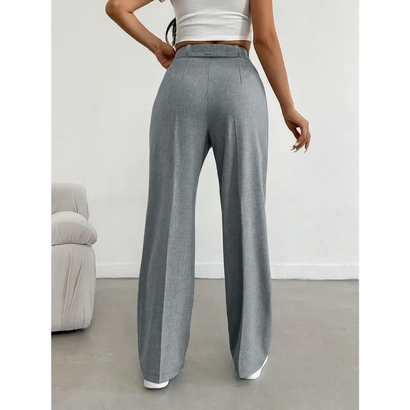 Women's Grey Melange Color High Waist Wide Leg Pants With Button And Zipper Details Fabric Fit Womenswear Bottom Comfort Trouser Wideleg Basic Casual Minimalist 1