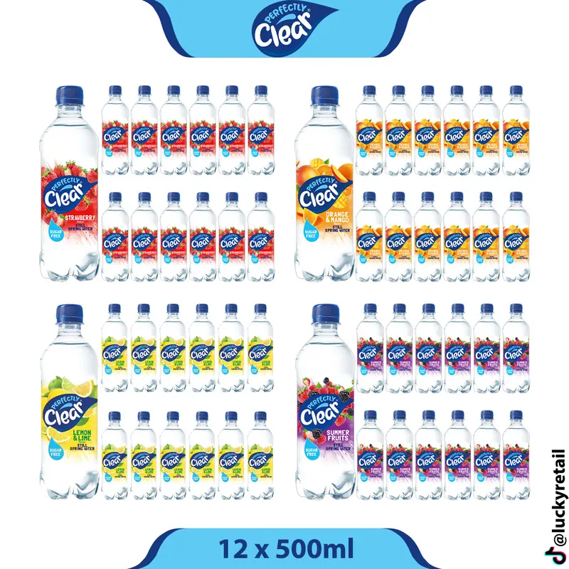 Perfectly Clear Still Spring Water 12 Pack (12 x 500ml) Bottles | Lemon & Lime, Orange & Mango, Strawberry & Summer Fruits Flavour | Sugar Free Fruit Flavoured Water Drinks Beverage 0