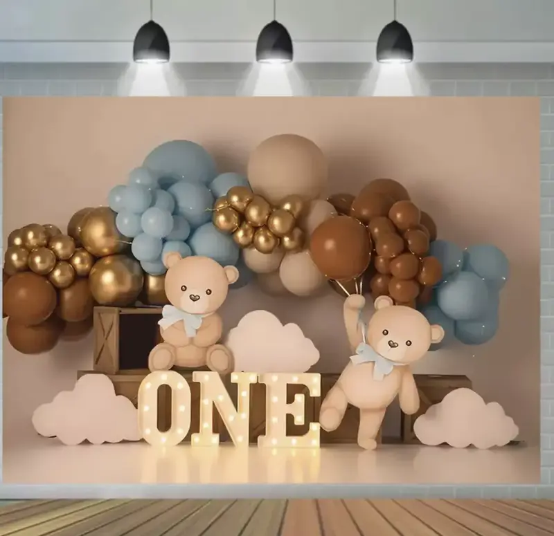 Cute Teddy and Balloons Birthday Backdrop 0