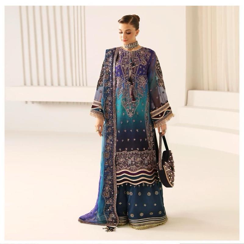 Embroidered Shaded Chiffon Readymade Salwar Kameez for Eid, Nikkah, Mendhi, & South Asian wedding parties. Featuring intricate embroidery, Dupatta, sleeves, palazzo trousers. Soft, breathable chiffon,perfect for Pakistani, indian bridal festive.Eid outfit 3