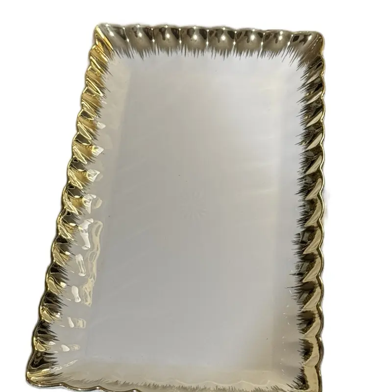 14x8 inch Golden White Ceramic Plater for Food Service, Thick Rectangular Home Decor Serving