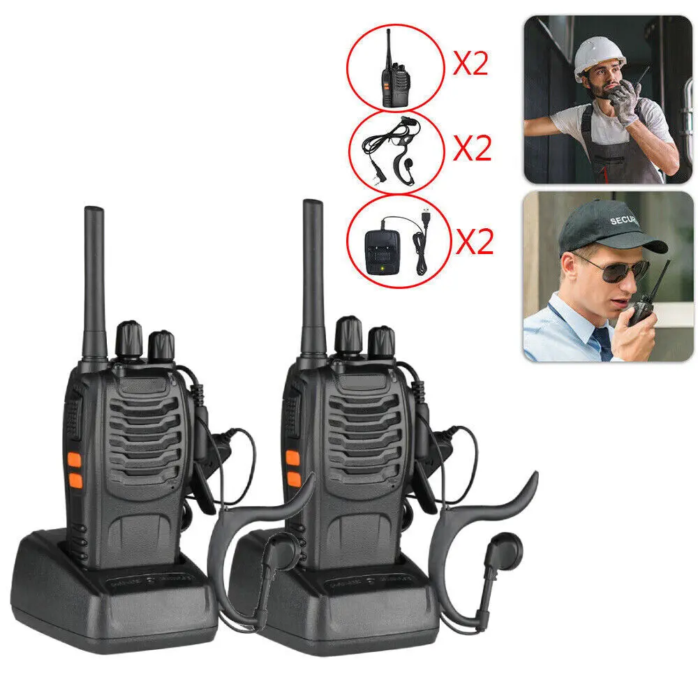 2 x BF-88E Walkie Talkies Long Range Two Way Radio w/Headsets Audio Communication