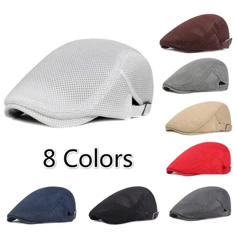 1pc 8 Colors Men Cabbie Flat Cap Breathable Mesh Summer Hat Adjustable Newsboy Beret Ivy Cap, Ideal Choice For Gifts