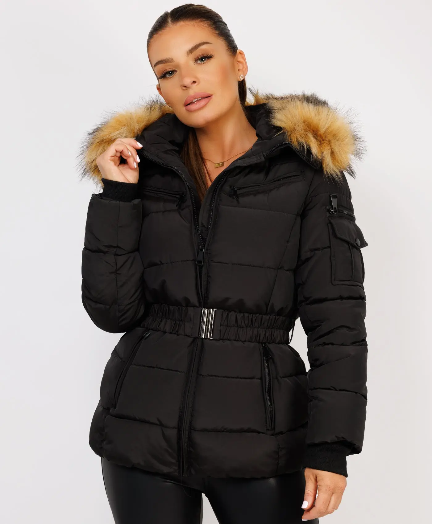 Lexi Fashion Women Ladies Thick Puffer Quilted Padded Zipped Waist Belted Chunky Faux Fur Detachable Hooded Side Pockets Jacket UK Size Casual Comfort