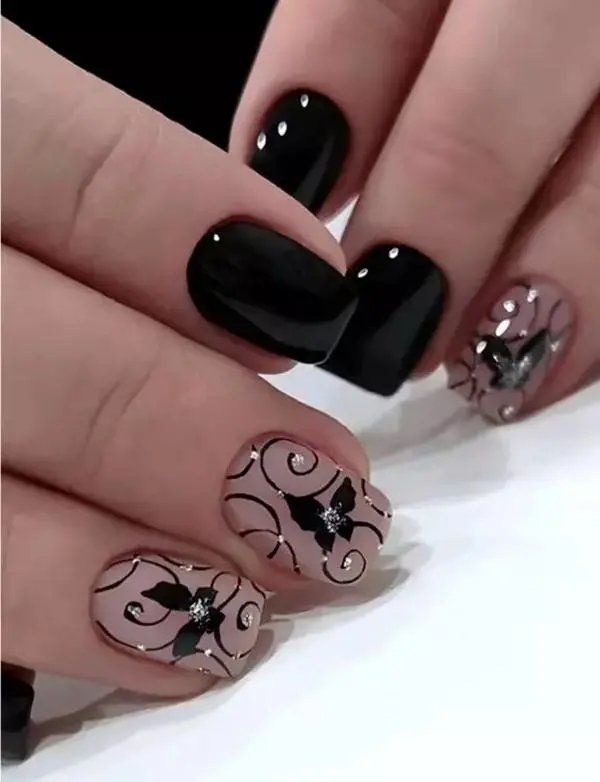 24pcs Glitter Short Square False Fake Nails Set Black Vine Gothic Beautiful Nail solid gel glue primark press