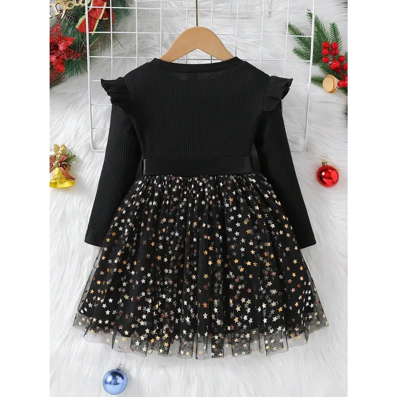 Young Girl Ruffle Trim Contrast Star Mesh Hem Belted Dress 1