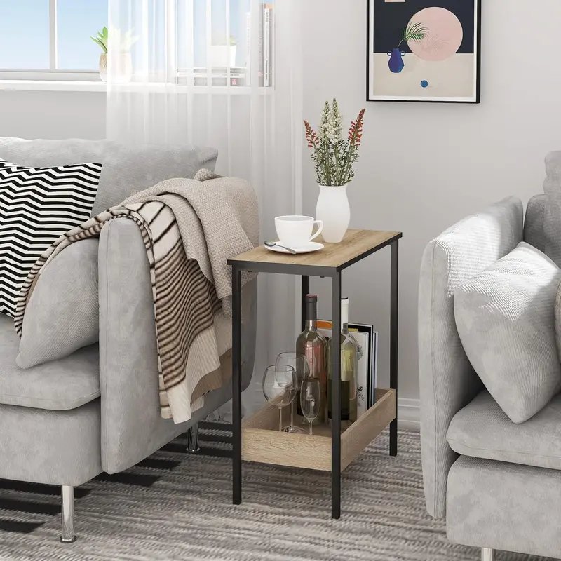 WOLTU Coffee Table, Side Table with 2 Shelves, Bedside Table Easy Assembly, Living Room Table, Small Table with Black Frame and Light Oak Shelves, 50x55x25cm coffee table BTS03hei 5