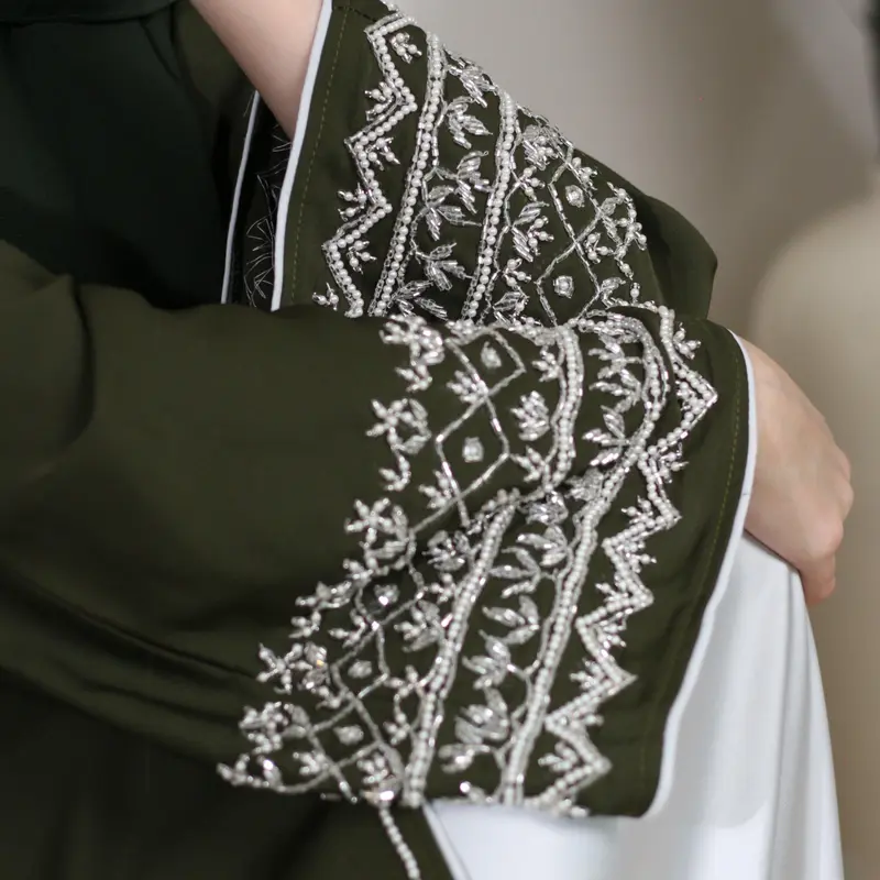 Amira Abaya - MAYLEES Detailed Sleeve Embellished Full-Length Women's 3-Piece Button-up Set Sizes 50-60 plain muslim party essential handmade soft fabric eid outfits glam regular sleeve casual traditional minimalist hijabis crew neck luxury 5