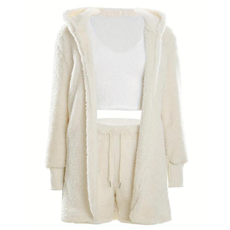 【2025】Warm Fuzzy Pajama Set, Long Sleeve Hooded Robe & Tank Top & Drawstring Shorts, Women's Sleepwear & Loungewear 7