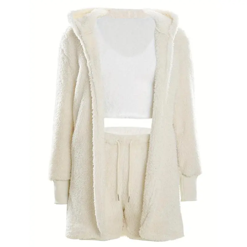 【2025】Warm Fuzzy Pajama Set, Long Sleeve Hooded Robe & Tank Top & Drawstring Shorts, Women's Sleepwear & Loungewear 7