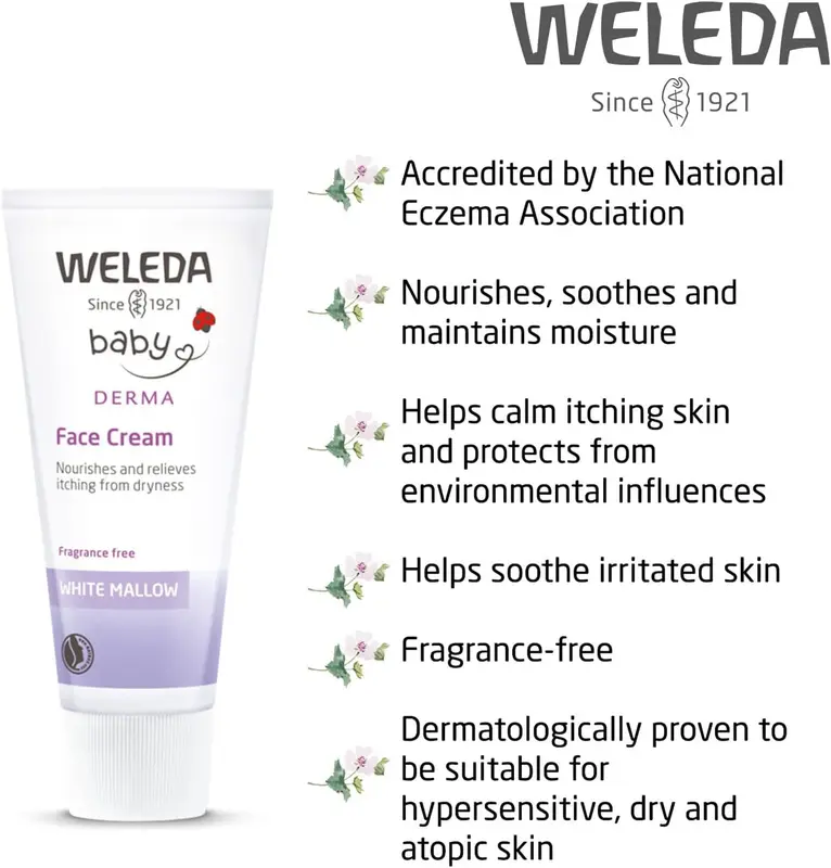 Weleda Baby Derma Face Baby Cream, White Mallow Moisturiser, Dermatologically Tested for Hypersensitive, Dry and Atopic skin, Developed by Professionals, Fragrance Free, 50ml 2