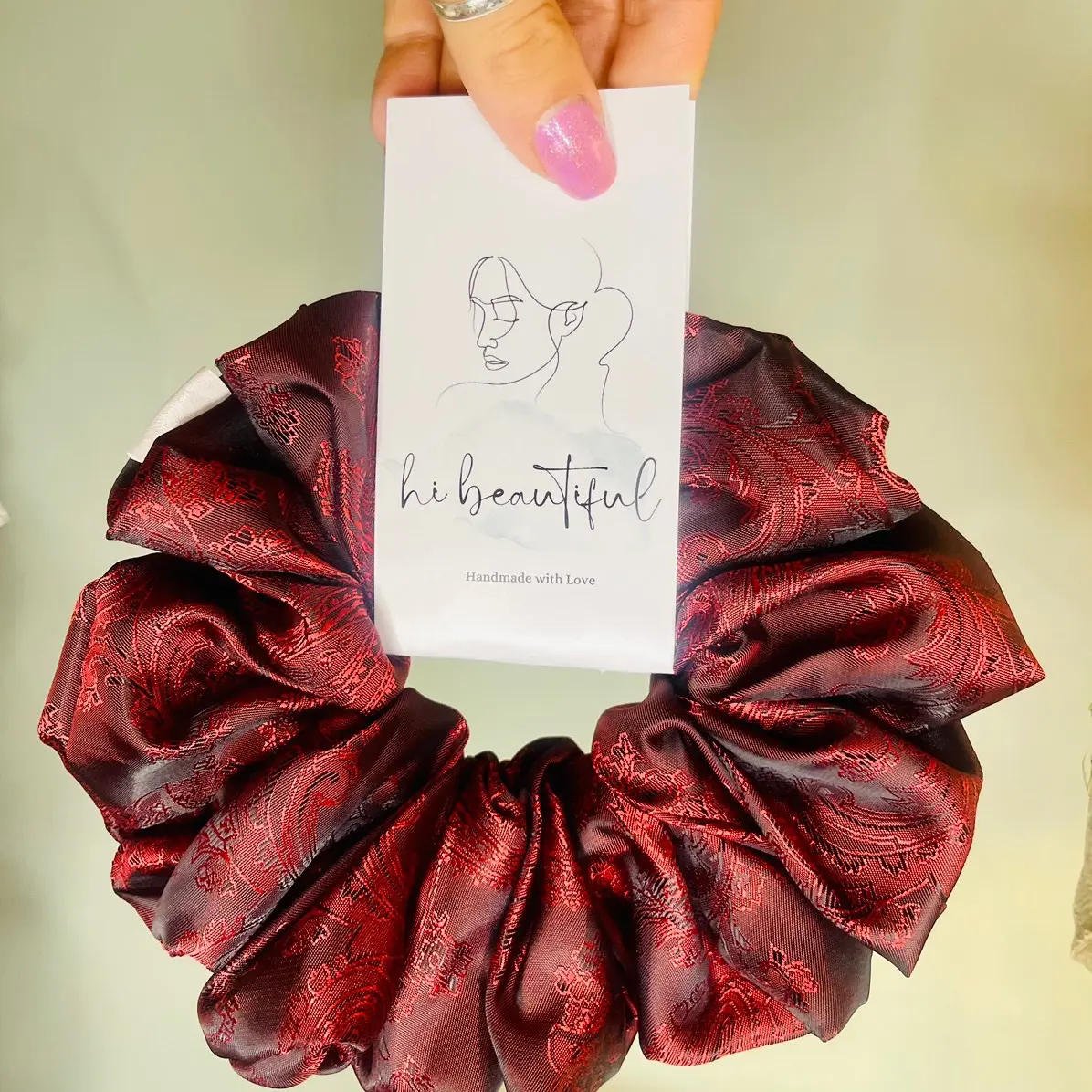 HiBeautiful Red Jaquard Scrunchie - Fashion Hair Accessory