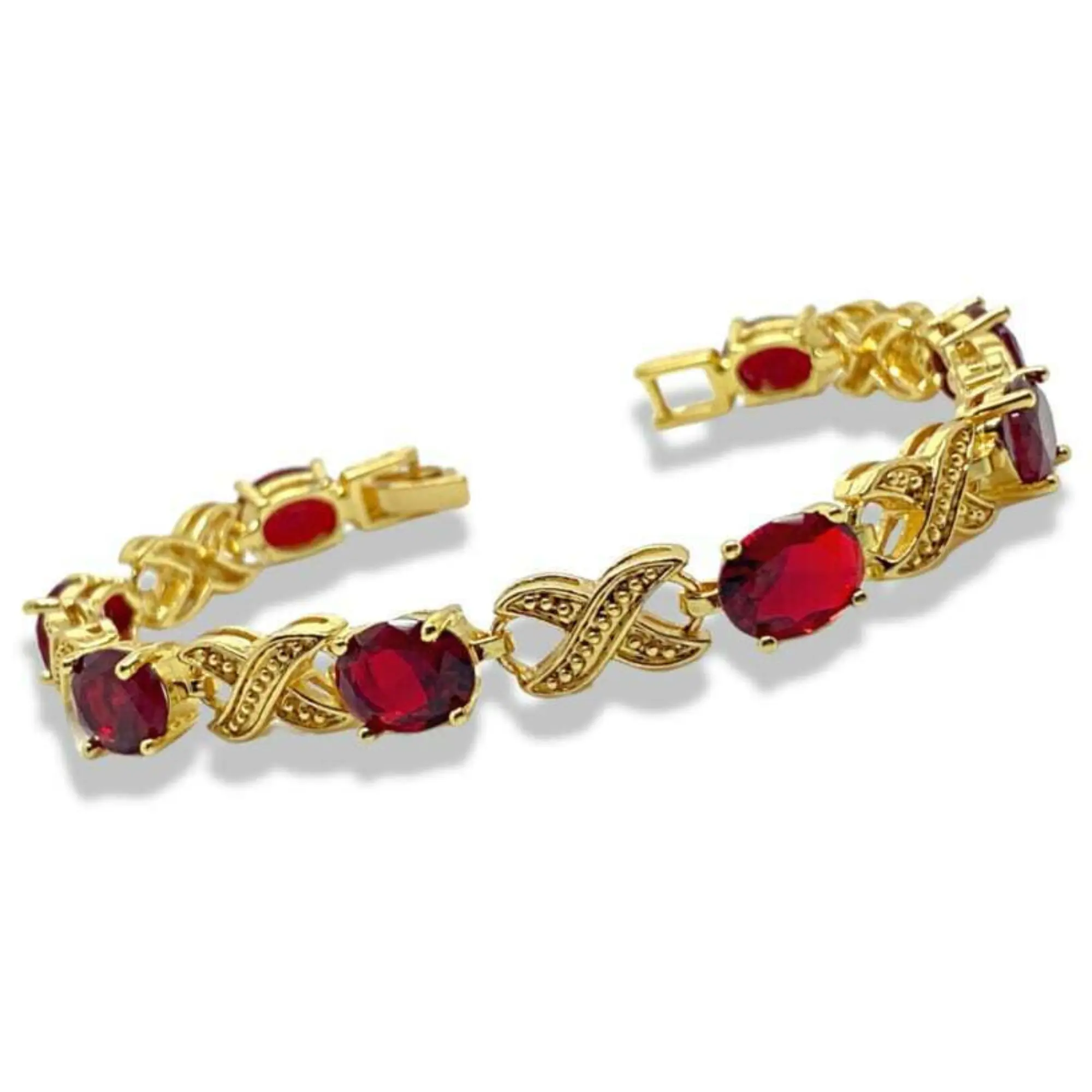 D.G Yellow Gold Ruby Bracelet Oval Tennis Love & Kisses Bracelet - Gold Ruby Jewelry, Elegant Tennis Bracelet, Romantic Gift, Anniversary Jewelry, Women’s Gold Bracelet, Red Gemstone Bracelet, Luxury Tennis Bracelet, Valentine’s Day Gift, Ruby Gold Charm