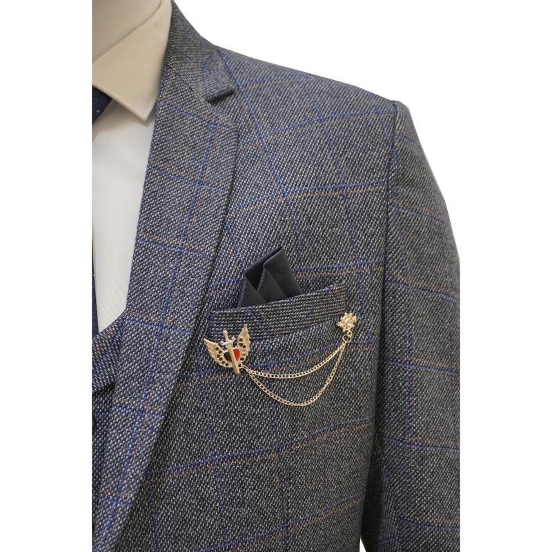 Men's Check Tweed Blue 3 Piece Suit Wool with Jacket, Waistcoat, Trousers and Tie 6