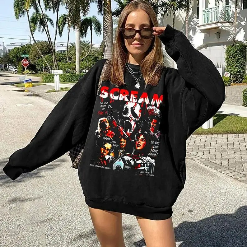 Women's Long Sleeve Halloween Scream Top Casual Hoodless Sweatshirt Crew Neck Jacket For Autumn Winter