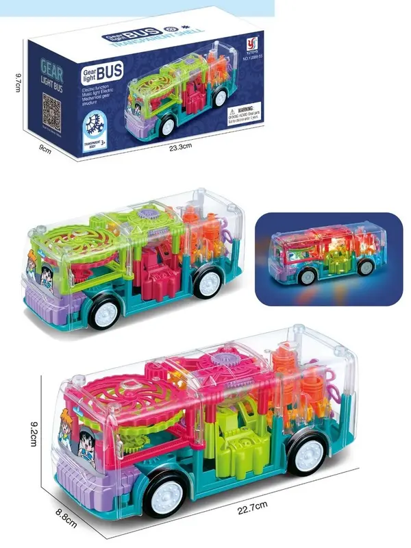 Gear Light Bus, Multi-Colour, Light & Sound Effect, Electric Transparent Gear Bus, ABS plastic, Educational Toys, 360° Rotating Mechanical Gear 1