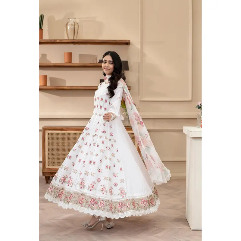 KC-1436 Embroidered Cambric Cotton long Frock Dress Ready to Wear 3 Pc - Karma Collection 7