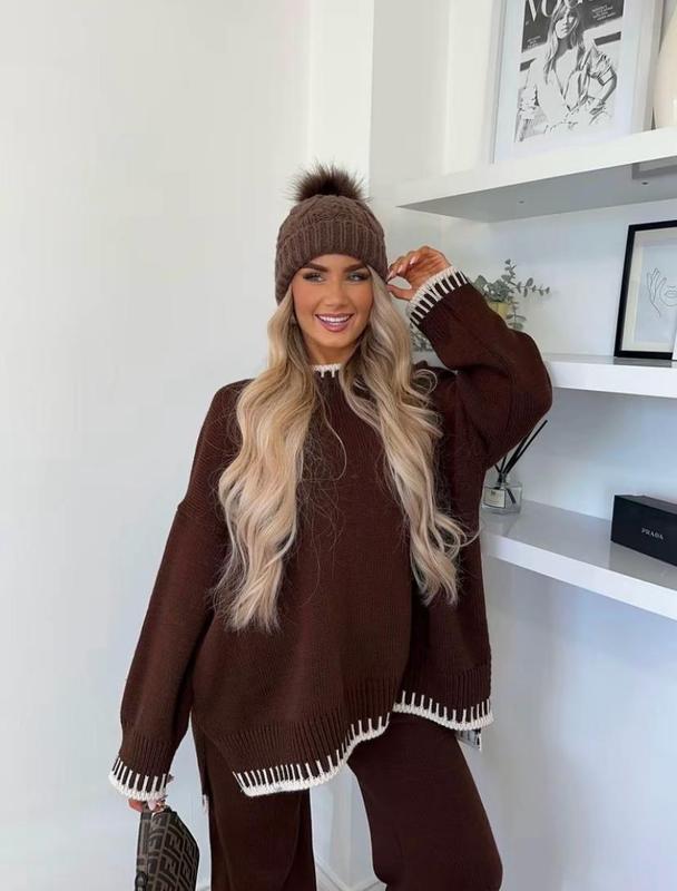 women's knitted lounge wear ladies wide leg palazzo top trouser tracksuit 8