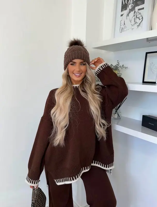 women's knitted lounge wear ladies wide leg palazzo top trouser tracksuit 8