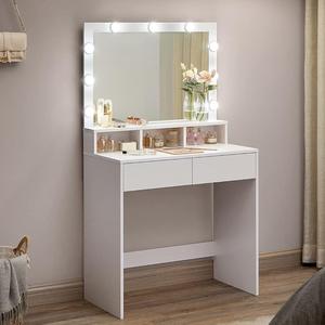 VASAGLE Dressing Table, Vanity Table with Large Mirror, LED Lights with Adjustable Brightness, 2 Drawers and 3 Compartments, Modern Makeup Table, Wooden Bedroom Dresser, Gift Idea, White