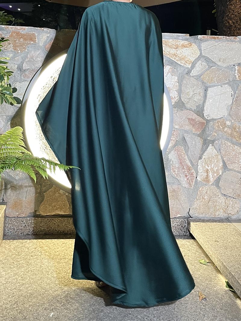 Product Introduction of 2025 Ramadan Promotion Two- piece Satin cape elegant dress , occasion abaya , Modest dress with pearl and crystal 18