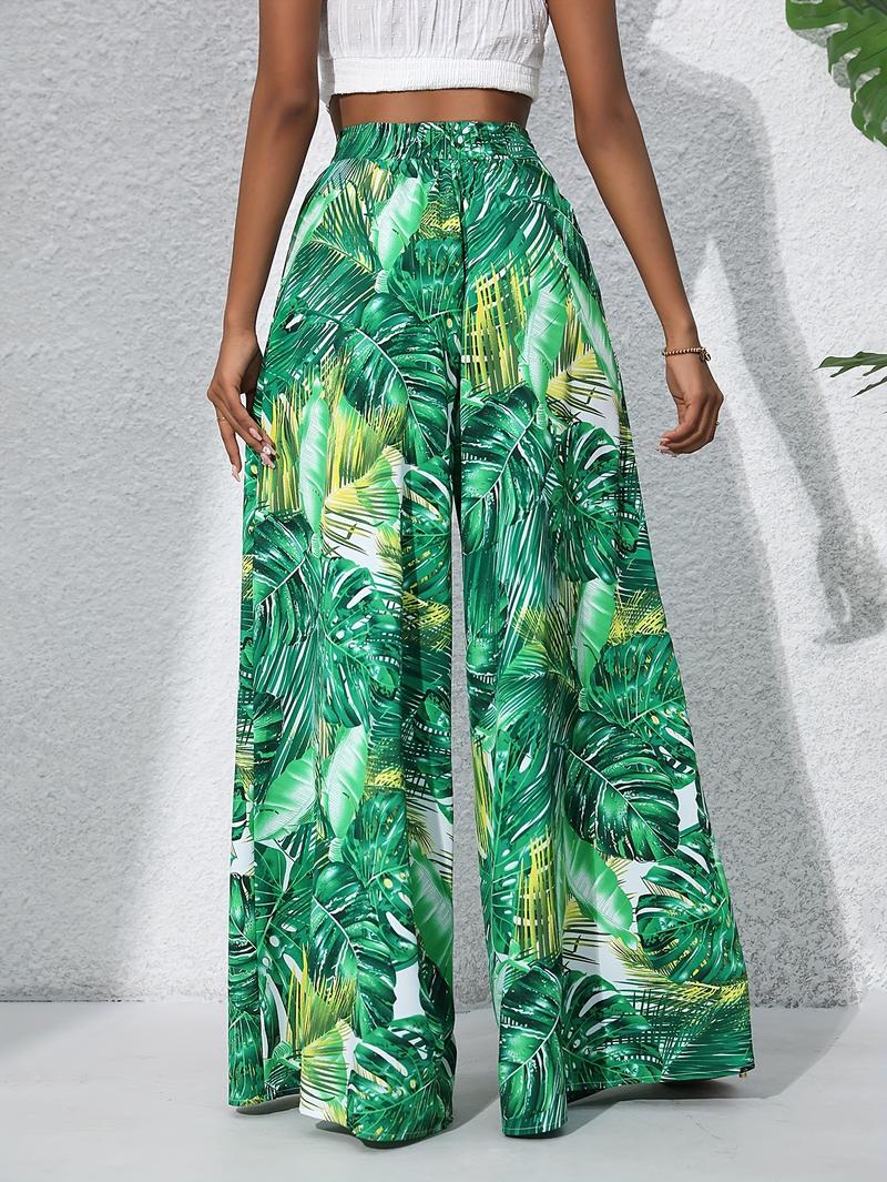 Product Introduction of Women'S Bohemian Floral Print Chiffon Wide-Leg Pants - High Waist, Elastic Waistband, Long Beach Trousers for Summer Vacation, Casual Elegant Style 1