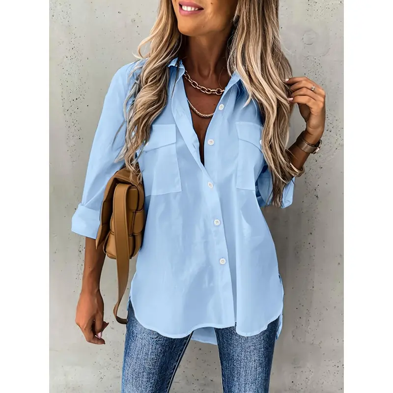 Button Front Long Sleeve Shirt, Casual Solid Office Shirt With Collar, Women's Clothing 2