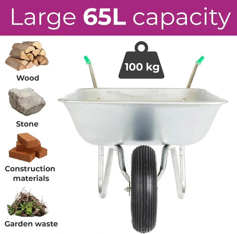 Wheelbarrow Home Garden Cart Galvanised with Pneumatic Tyre (65L), Silver 3