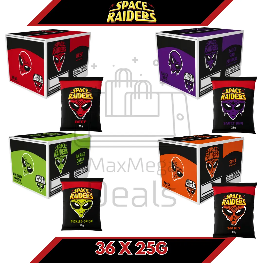 Space Raiders Crisps Bulk Pack (36 x 25g) – Pickled Onion, Saucy BBQ, Spicy & Beef Flavours | 36 Bags of Fun, Flavour - Packed Snacks in a Convenient Box