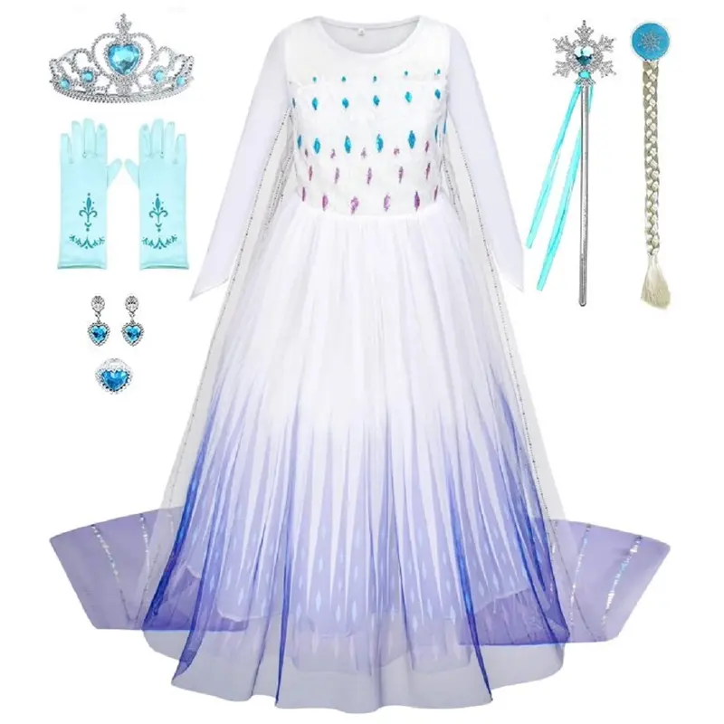 Princess Elsa 2 Dress Set Girl Party Costume Fancy Outfit Crown Wand Necklace Glove WHITE  kids Cosplay Halloween costumes Christmas Gift 0