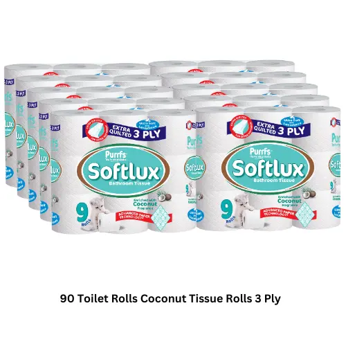 90 Rolls Softlux Purrfs Coconut 3ply Bathroom Luxury Quilted Toilet Rolls  (10*9pk) Non Scented Pack Disposable