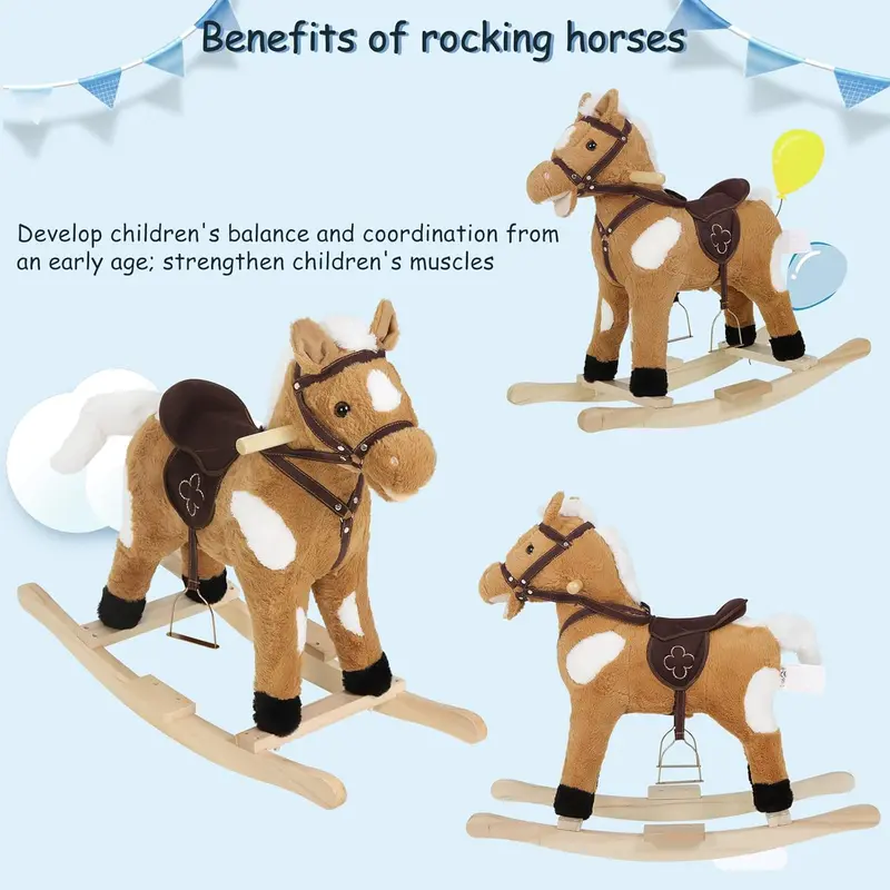 WOLTU Baby Rocking Horse Wooden Toddler Rocking Toy with Sound and Stirrups Plush Ride on Horse Kid Rocker Child Rocking Animal Gift for 1-3 Years Old, Brown, Seat Height 44cm, KSF003 3