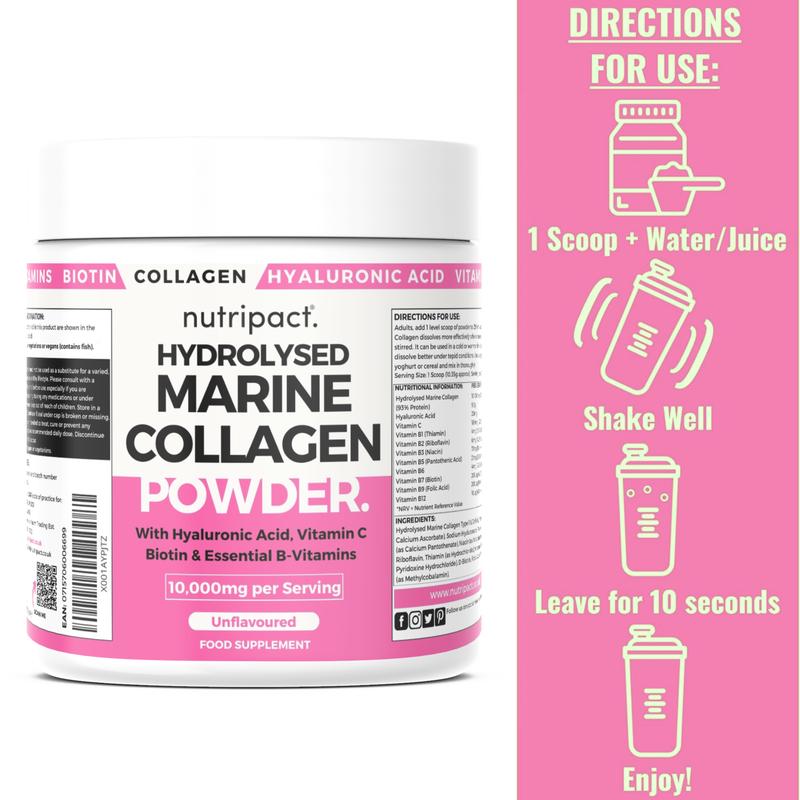 Marine Collagen Powder 10,000mg with Hyaluronic Acid, Vitamin C, Biotin and B Vitamins - Nutripact 1