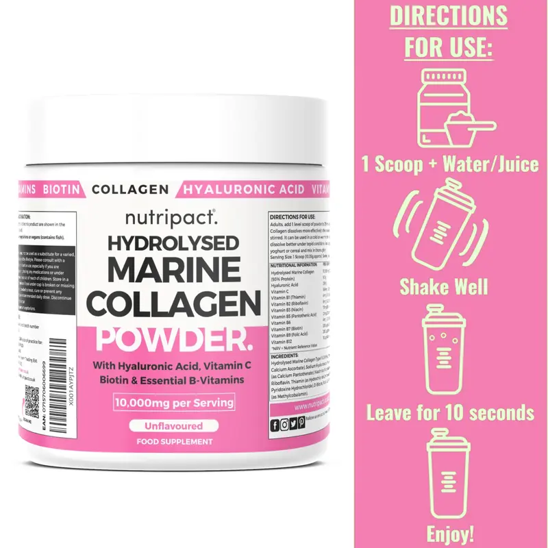 Marine Collagen Powder 10,000mg with Hyaluronic Acid, Vitamin C, Biotin and B Vitamins - Nutripact 1