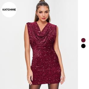 KatchMe Women's Cowl Neck Cap Sleeve All-Over Sequin Slinky Mini Dress, Elegant Women's Clothing for Holiday Vacation, Summer Slim Holiday Dresses