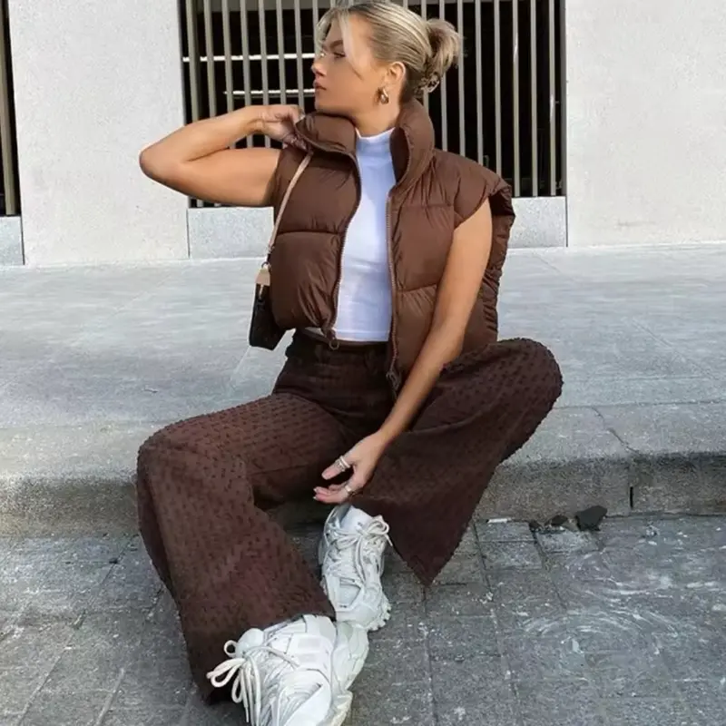 Women's Short Down Sleeveless Vest with Zipper Jacket - Quilted Cropped Coat for Casual Fashion - Tops, Womenswear Comfort Basic Minimalist 1