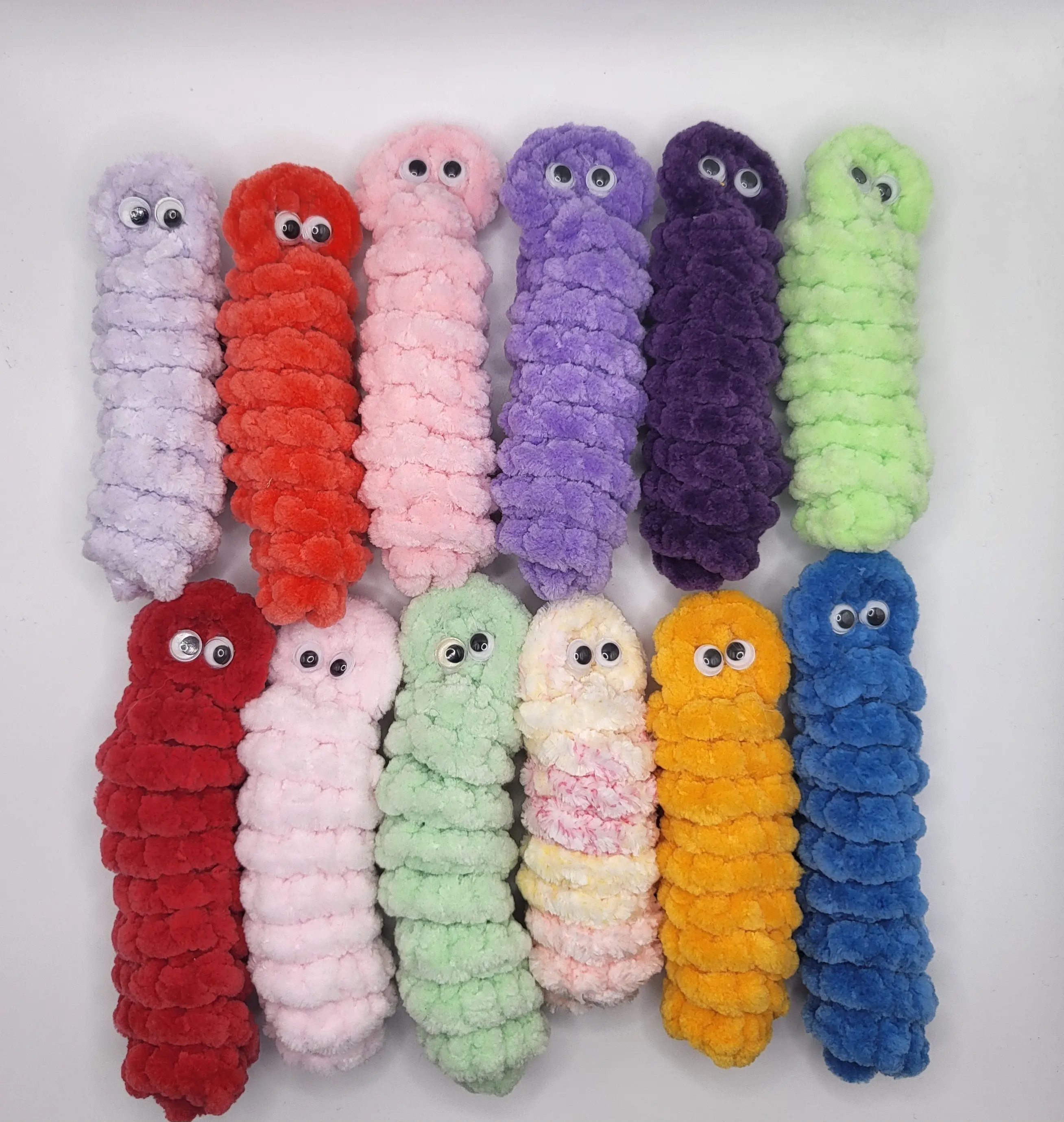 Crochet Worry Worm. Plush and soft. Great to ease anxiety. Keep in your pocket. Variety of colours.