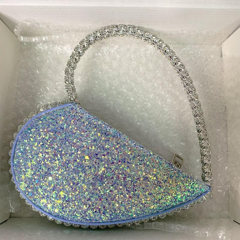Product Introduction of New Arrival Trendy Women Chic Round Satin Crossbody Hand Bag with Round Bling Crystal Handle Evening Party Bag Purse 16