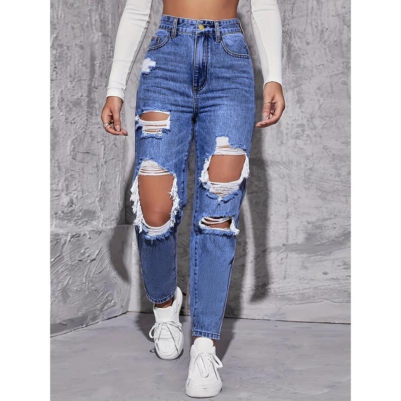 American Retro Hole-punched Jeans Women   Straight-crotch Loose Slim Design High-street Vibe Wide-legged Dragging Pants Womenswear Bottom Trouser Denim Streetwear Comfort Basic Blue Minimalist 5