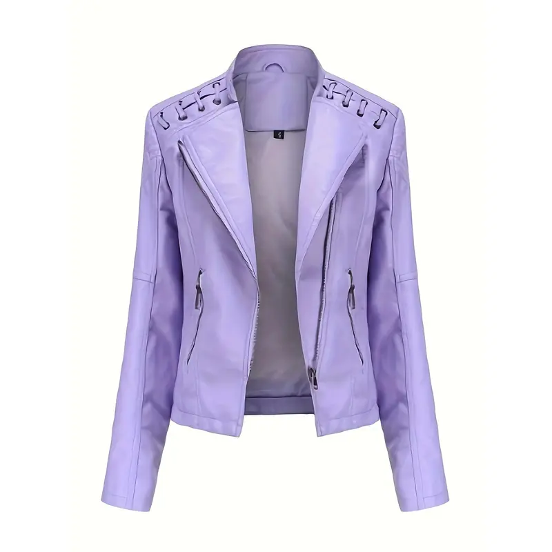Faux Leather Zip-up Biker Jacket, Casual Long Sleeve Lace Up Lapel Jacket For Spring & Fall, Women's Clothing 4