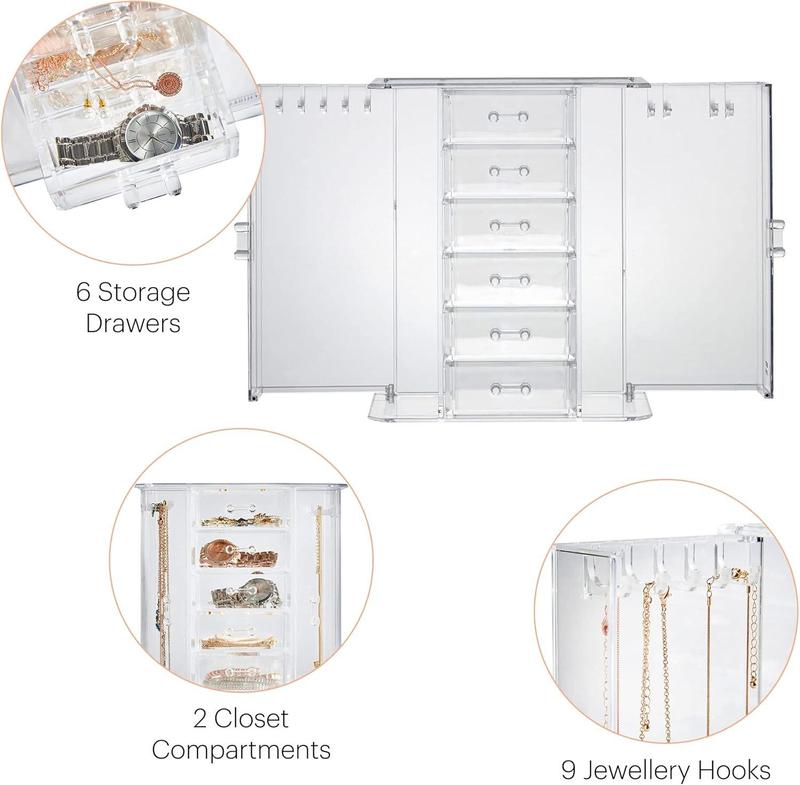 Jewellery Stand, Acrylic Cosmetic & Jewellery Storage with 6 Drawers, 9 Necklace Hooks & 2 Side Compartments, Tabletop Plastic Jewellery Organiser for Rings, Earrings, Necklaces & Bracelet Boxes 1