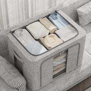 Livingandhome 24L/66L/100L Capacity Grey Metal Frame Fabric Storage Box with Large Front Window & Double Zippers for Easy Access