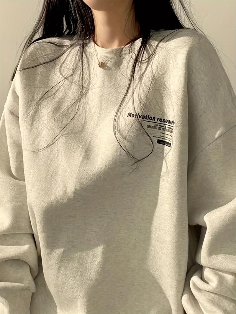 Product Introduction of Letter Print Loose Pullover Sweatshirt, Y2K Long Sleeve Crew Neck Knitted Sweatshirt For Spring & Fall, Women's Clothing Womenswear Hoodie Sweaters Tops 1
