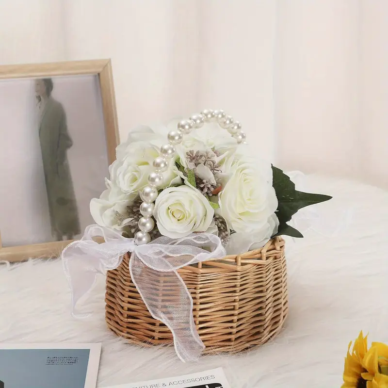 A Handcrafted Wicker Flower Girl Basket with a Pearl Handle And Bow - Ideal for Weddings, Easter, And Party Gifts (Brown) 6