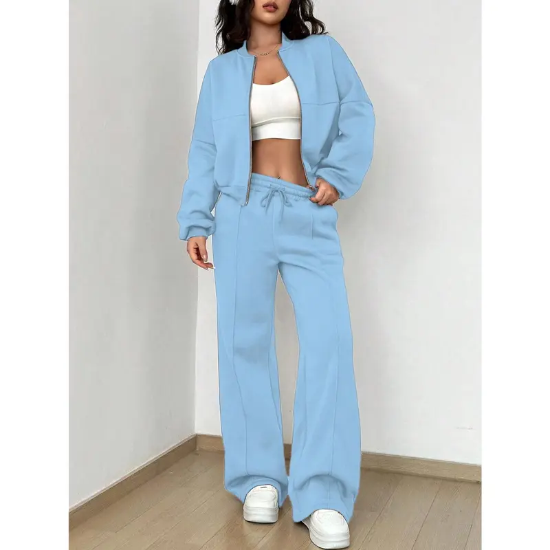 NEW Women's Autumn 2025 Two Piece Set Cardigan Zipper Sweatshirt Jacket With Elastic Waistband And Wide Leg Pants Casual Set Ladies HOT 4
