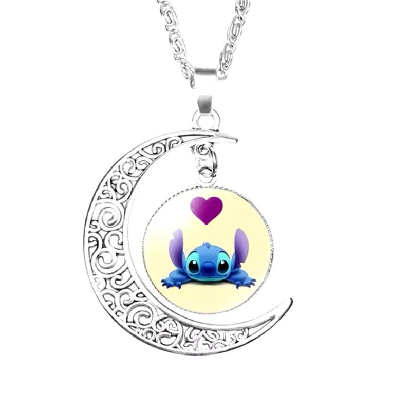 3 Piece Stitch and Angel  Necklace, Earring & Bracelet Set - Anime Cartoon 20mm Glass Dome Pendant Moon Alloy Chain Necklace Kids Gift Jewellery - Perfect Birthday / Christmas Gift 4