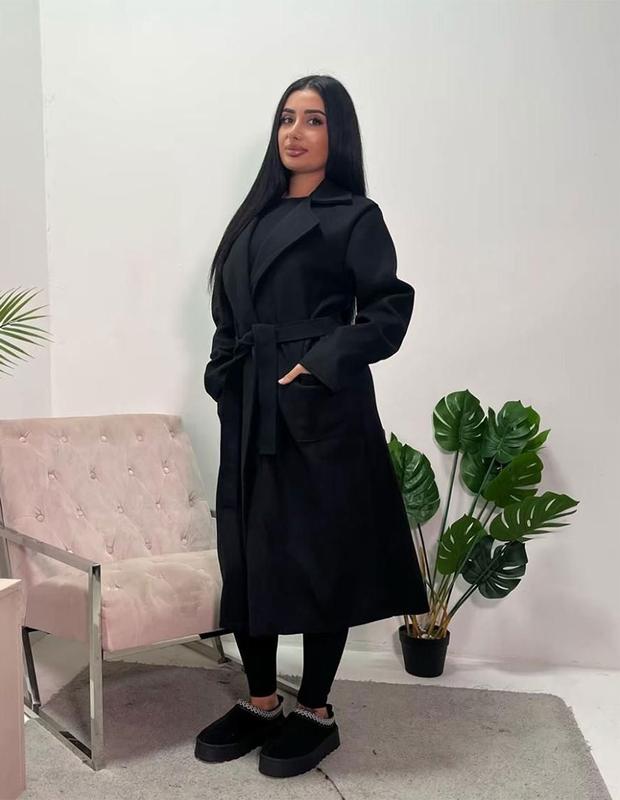 Womens Casual Long Sleeve Lapel Collar 2 Front Pockets Tie Up Long Coat Ladies Outdoor Winter Warm Belted Waist Trench Duster Long Coat Jacket 2