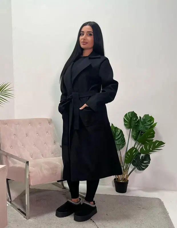 Womens Casual Long Sleeve Lapel Collar 2 Front Pockets Tie Up Long Coat Ladies Outdoor Winter Warm Belted Waist Trench Duster Long Coat Jacket 2