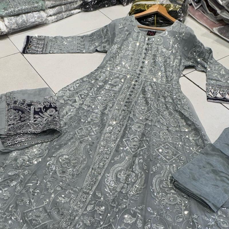 Silver/Grey JASMIN Long dress suit 3 piece Pakistani embroidered chiffon duppatta wedding edt S-XL Womenswear 7